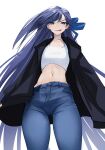  1girl absurdres black_jacket blue_eyes blue_pants blue_ribbon breasts cropped_shirt denim fate/grand_order fate_(series) hair_ribbon highres jacket jeans long_hair long_sleeves looking_at_viewer meltryllis_(fate) midriff navel obazzotto open_clothes open_jacket pants purple_hair ribbon shirt small_breasts smile solo thighs tongue tongue_out very_long_hair white_shirt 