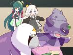  2girls ahoge black_dress blue_eyes dress eyepatch galarian_slowking green_hair hair_ornament kizuna_akari lins_(kagekusa) long_hair long_sleeves multiple_girls open_mouth oranguru pokemon pokemon_(creature) standing touhoku_zunko very_long_hair voiceroid white_hair yellow_eyes 