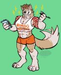  abs absurd_res anthro biceps bottomwear canid canine canis clothed clothing hi_res himbo_hooters jamie_(jethrobuck) male mammal muscular muscular_anthro muscular_male neck_tuft note_pad pecs pectoral_bulge raised_clothing raised_shirt raised_tank_top raised_topwear shirt shorts simple_background skdaffle smile smiling_at_viewer solo tail tail_motion tailwag tank_top topwear tuft uniform wolf 