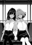  2girls bags_under_eyes greyscale highres holding_hands keyyan kimi_to_shiranai_natsu_ni_naru light_smile megumi_hinoto mole mole_under_mouth monochrome multiple_girls nishimiya_haru pants sad_smile shirt sitting skirt 