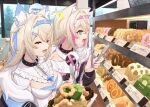  2girls animal_ears bakery bandaid_hair_ornament black_collar blonde_hair blue_eyes breasts cleavage cleavage_cutout closed_eyes clothing_cutout collar dog_ears doughnut food fuwawa_abyssgard headphones headphones_around_neck hololive hololive_english mococo_abyssgard multicolored_hair multiple_girls pon_de_ring shikinagi shop siblings spiked_collar spikes streaked_hair sweatdrop tongs twins virtual_youtuber 