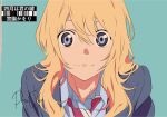  1girl absurdres anime_coloring artist_name blazer blonde_hair blue_eyes commentary copyright_name english_commentary flat_color green_background hair_between_eyes highres jacket long_hair looking_at_viewer miyazono_kawori necktie official_style pawowe school_uniform shigatsu_wa_kimi_no_uso simple_background smile solo striped_necktie 