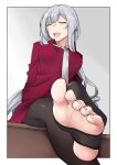  1girl ak-12_(girls&#039;_frontline) alternate_costume closed_eyes collared_shirt feet foot_focus foot_out_of_frame from_below girls&#039;_frontline grey_hair highres long_hair long_sleeves nakiusagi necktie no_shoes open_mouth pantyhose red_shirt shirt sitting smile soles solo stirrup_legwear toeless_legwear toes white_necktie 