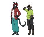  6:5 anthro bovid caprine clothed clothing coat desga domestic_cat duo felid feline felis female hi_res hoodie male mammal model_sheet reference_image sheep topwear 