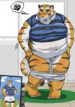  2023 anthro belly big_belly blush bottomwear cellphone clothing felid hi_res humanoid_hands jockstrap kemono male mammal maron2475 overweight overweight_male pantherine phone rugby rugby_uniform shirt shorts smartphone solo_focus tiger topwear underwear 