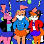  1990s anthro bottomwear brown_body brown_fur canid canine cassie_lewis clothing dragon female fox fur fur_tuft green_eyes group hands_on_hips hi_res jacket jade_hopper lagomorph leporid mammal pendant pink_body rabbit rayoxter587 red_eyes ruby_dulcy skirt steve_and_friends topwear trio tuft yellow_eyes 