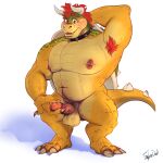  1:1 absurd_res anthro armpit_hair balls belly big_balls blush body_hair bowser bowser_day claws collar erection eyebrows feet genitals hair hi_res horn humanoid_genitalia humanoid_penis koopa male mario_bros musclegut muscular muscular_anthro nintendo nipple_piercing nipples open_mouth penis piercing red_hair scalie shell simple_background solo spiked_collar spiked_shell spikes spikes_(anatomy) tail teeth thick_thighs vein 