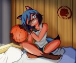  5_toes absurd_res anthro ball basketball_(ball) bed blue_hair brand_new_animal canid canine feet female furniture hair hi_res looking_at_viewer mammal michiru_kagemori on_bed one_eye_closed raccoon_dog sitting sitting_on_bed smile smiling_at_viewer solo studio_trigger tanuki toes voramera wink winking_at_viewer 