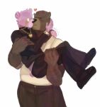  2023 anthro bear blush bottomwear brown_body carrying clothing dolcibaldo duo eyes_closed hi_res humanoid_hands kissing male male/male mammal padre_(unicorn_wars) pants pink_body sargento_caricias shirt topwear unicorn_wars 