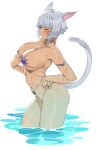  1girl animal_ears armlet blush breasts cat_ears cat_tail club3 dark-skinned_female dark_skin facial_mark final_fantasy final_fantasy_xiv from_side grey_eyes grey_hair highres large_breasts miqo&#039;te navel neck_tattoo one_eye_closed short_hair solo swimsuit tail tattoo wet whisker_markings y&#039;shtola_rhul 