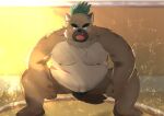  anthro asian_clothing belly brown_body brown_fur canid canine canis clothing crouching domestic_dog east_asian_clothing fur hi_res japanese_clothing kumatoron lifewonders male mammal mawashi musclegut nipples pecs solo sumo sumo_wrestler tokyo_afterschool_summoners yasuyori 