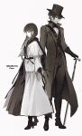  1boy 1girl arashiko_falcom bloodborne blunt_bangs boots braid cane capelet coat copyright_name cosplay_request dress fata_morgana_no_yakata frown full_body gloves hair_over_shoulder hat high_heel_boots high_heels highres holding holding_cane holding_weapon jacopo_bearzatti layered_dress long_hair long_sleeves looking_at_viewer looking_away looking_down monochrome morgana_(fata_morgana_no_yakata) pants profile short_hair sideways_glance simple_background standing thigh_boots top_hat twin_braids twintails very_long_hair vest weapon 