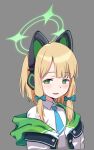  1girl animal_ear_headphones animal_ears blonde_hair blue_archive blue_bow blush bow cat_ear_headphones cropped_torso fake_animal_ears green_eyes grey_background hair_bow halo headphones looking_at_viewer midori_(blue_archive) necktie off_shoulder open_clothes parted_lips sanzoku shirt simple_background solo upper_body white_shirt 