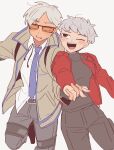  1boy 1girl animification apex_legends belt black_belt black_eyes black_pants blue_necktie blush collared_shirt crypto_(apex_legends) grey_background grey_hair grey_pants hetero highres holding_hands inconspicuous_crypto looking_down looking_to_the_side looking_up necktie nojima_minami official_alternate_costume one_eye_closed open_mouth orange-tinted_eyewear pants sanpaku shirt short_hair simple_background smile sunglasses surprised tinted_eyewear valkyrie_(apex_legends) white_shirt 