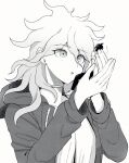  1boy 1girl :o breasts carrying carrying_person danganronpa_(series) danganronpa_2:_goodbye_despair genderswap genderswap_(mtf) greyscale hair_between_eyes hands_up highres hinata_hajime hood hood_down hooded_jacket jacket keroro7 komaeda_nagito long_hair long_sleeves looking_at_another medium_breasts messy_hiar mini_person miniboy monochrome multicolored_hair two-tone_hair 