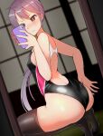  1girl absurdres akebono_(kancolle) ass black_eyes black_one-piece_swimsuit black_thighhighs breasts commentary_request competition_swimsuit dutch_angle flower hair_flower hair_ornament highleg highleg_swimsuit highres holding holding_phone kantai_collection katsuten long_hair looking_at_object looking_at_phone mirror multicolored_clothes multicolored_swimsuit one-piece_swimsuit phone purple_hair reflection selfie side_ponytail small_breasts solo squatting swimsuit taking_picture thighhighs very_long_hair window 