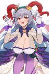  1girl animal_ears arms_up bangs blush bodystocking breasts cleavage cleavage_cutout clothing_cutout fake_animal_ears fire_emblem fire_emblem_heroes freyja_(fire_emblem) freyja_(spring)_(fire_emblem) gloves goat_horns gonzarez grey_hair highres horns huge_breasts long_hair looking_at_viewer open_mouth pantyhose playboy_bunny purple_pantyhose purple_ribbon rabbit_ears red_eyes ribbon smile solo very_long_hair white_background white_gloves wrist_ribbon 