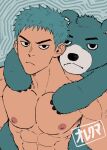  1boy bara black_eyes blue_background blue_hair character_request chun_(luxtan) highres large_pectorals muscular muscular_male pectorals stuffed_animal stuffed_toy teddy_bear 