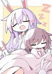  2girls :3 :o animal_ears asameshi brown_hair commentary_request facing_viewer flying_sweatdrops highres inaba_mob_(touhou) inaba_tewi long_hair lop_rabbit_ears medium_hair multiple_girls open_mouth pink_hair pink_shirt rabbit rabbit_ears rabbit_girl reisen_udongein_inaba shirt sleeping touhou under_covers white_shirt zzz 