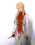  1girl blonde_hair blood blood_on_clothes blood_on_hands blood_on_weapon breasts closed_mouth commentary_request dio_brando dress ear_birthmark earrings genderswap genderswap_(mtf) hako_iix07 holding holding_knife injury jewelry jojo_no_kimyou_na_bouken knife long_hair long_sleeves looking_at_viewer photo-referenced scar scar_on_neck shadow solo very_long_hair weapon white_dress yellow_eyes 