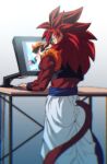 1boy baggy_pants blue_eyes blurry chromatic_aberration commentary_request dragon_ball dragon_ball_gt drawing_tablet from_behind gogeta holding holding_stylus male_focus metamoran_vest monkey_tail pan_(dragon_ball) pants red_fur red_hair rom_(20) smile solo standing stylus super_saiyan super_saiyan_4 table tail 