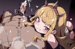  1boy 1girl ass bar_censor batsuma black_gloves blonde_hair blush cagliostro_(granblue_fantasy) censored clothed_female_nude_male commentary_request cuddling_handjob cum cum_on_body cum_on_boy cum_on_penis cum_on_self ejaculation elbow_gloves erection gloved_handjob gloves granblue_fantasy grin hairband handjob happy_sex heart heavy_breathing hetero highres nude penis pov purple_eyes smile smirk solo_focus sound_effects spiked_hairband spikes t-back thong twitching_penis 