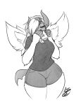  2023 absol anthro beverage big_breasts bottomwear breasts clothing drinking eyes_closed female generation_3_pokemon hair hi_res horn huge_thighs lunarspy monochrome nintendo one_eye_obstructed pokemon pokemon_(species) shirt shorts signature simple_background solo standing tail text thick_thighs topwear unknown_character wide_hips 