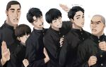  6+boys anger_vein arms_up beaker_pour black_eyes black_hair black_jacket buzz_cut clenched_hand closed_eyes clothes_grab dark-skinned_male dark_skin fukatsu_kazunari gakuran group_picture hand_on_another&#039;s_shoulder highres ichinokura_satoshi jacket kawata_masashi looking_at_another male_focus matsumoto_minoru multiple_boys nervous_sweating nobe_masahiro sawakita_eiji school_uniform short_hair simple_background slam_dunk_(series) smile sweat sweatdrop upper_body very_short_hair white_background 