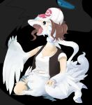  ambiguous_gender arm_feathers black_background blue_eyes bottomless brown_hair claws claws_out clothed clothing duo female feral fur fur_growth generation_5_pokemon growth hair hat headgear headwear hilda_(pokemon) human legendary_pokemon mammal nintendo open_mouth partially_clothed pokemon pokemon_(species) reshiram sharp_teeth silhouette simple_background teeth toe_claws tongue tongue_out torn_clothing transformation white_body white_fur winte 