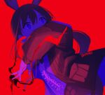  1girl amiya_(arknights) animal_ears arknights black_jacket blue_eyes brown_hair casting cowboy_shot dated_commentary dutch_angle extra_ears hair_between_eyes jacket jewelry long_hair multiple_rings open_clothes open_jacket originium_arts_(arknights) ponytail rabbit_ears rabbit_girl red_background ring shirt simple_background skeptycally solo white_shirt 