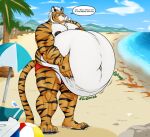  2023 anthro asyr ball beach beach_ball belly big_belly breath claws clothing cloudscape cooler dialogue eyewear felid fur glasses hair half-closed_eyes hand_on_stomach hi_res huttsergreywolf hyper hyper_belly inflatable male mammal moobs mouth_closed musclegut narrowed_eyes navel nipples obese obese_anthro obese_male overweight overweight_anthro overweight_male palm_tree pantherine plant rumbling_stomach sand sea seaside signature sky slosh sloshing_belly solo sound_effects speech_bubble standing striped_body striped_fur stripes swimming_trunks swimwear swimwear_only text tiger toe_claws tree umbrella water 