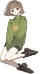  1other arms_between_legs black_shorts brown_eyes brown_hair chara_(undertale) full_body green_sweater highres i3dpi long_sleeves looking_at_viewer other_focus shoes short_hair short_shorts shorts simple_background solo sweater tongue undertale white_background 