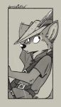  animal_humanoid belt belt_buckle big_ears big_eyes black_and_white canid canid_humanoid canine canine_humanoid comic_panel disney feathered_cap feathered_hat fox fox_humanoid humanoid looking_back looking_offscreen looking_over_shoulders mammal mammal_humanoid monochrome red_fox robin_hood robin_hood_(disney) short_sleeved_shirt short_sleeves sketch softailfox toony 
