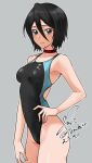  1girl black_eyes black_hair black_one-piece_swimsuit bleach breasts choker commentary_request competition_swimsuit covered_navel dated grey_background hair_between_eyes hand_on_own_hip highleg highleg_swimsuit highres kuchiki_rukia one-piece_swimsuit parted_lips red_choker short_hair signature simple_background small_breasts solo swimsuit twitter_username two-tone_swimsuit yoo_tenchi 