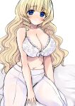  1girl absurdres between_legs blonde_hair blue_eyes blush bow bow_bra bra breasts collarbone hand_between_legs highres isekai_koushoku_musou-roku_~isekai_tensei_no_chie_to_chikara_o_tada_hitasura_xxxx_suru_tame_ni_tsukau~ large_breasts light_frown long_hair looking_at_viewer muffin_top navel on_bed pantyhose sgwmanga sitting solo underwear very_long_hair white_background white_bow white_bra white_pantyhose 