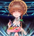  1girl absurdres bento black_background black_sleeves blue_overalls blush braid brown_hair chewing chopsticks closed_eyes closed_mouth eating fate/grand_order fate_(series) food food_on_face highres holding holding_bento holding_chopsticks hologram navel orange_headwear overalls puffy_sleeves rice shimogamo_(shimomo_12) side_braid solo striped striped_headwear upper_body van_gogh_(fate) 
