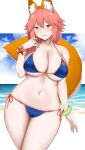  1girl absurdres animal_ears arind_yudha bangle bare_shoulders beach bikini blue_bikini blue_sky bracelet breasts cleavage cloud cloudy_sky collarbone commentary day fang fate/grand_order fate_(series) fingernails fox_ears fox_girl fox_print fox_tail hair_between_eyes highres huge_breasts jewelry lips looking_at_viewer navel ocean open_mouth orange_trim outdoors pink_hair pink_lips side-tie_bikini_bottom skin_fang sky smile solo star_ornament stomach swimsuit tail tamamo_(fate) tamamo_no_mae_(fate/extra) tamamo_no_mae_(swimsuit_lancer)_(fate) thighs white_background wristband yellow_eyes 