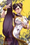  1girl alternate_color black_hair china_dress chinese_clothes chun-li dress h_akito_illust hair_bun leg_up lipstick looking_at_viewer makeup muscular muscular_female purple_eyes short_hair street_fighter street_fighter_6 thick_thighs thighs 