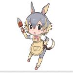  1girl animal_ears apron bilby_(kemono_friends) black_eyes bow bowtie extra_ears grey_hair highres kemono_friends looking_at_viewer official_art open_mouth pantyhose shirt shoes short_hair skirt solo tail yoshizaki_mine 