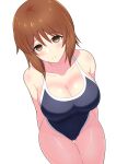  1girl absurdres arms_behind_back blue_one-piece_swimsuit breasts brown_eyes brown_hair cleavage closed_mouth commentary_request competition_school_swimsuit girls_und_panzer halterneck highres iteza_(flapper_girl_25) large_breasts light_blush light_smile looking_at_viewer nishizumi_miho one-piece_swimsuit partial_commentary school_swimsuit short_hair simple_background smile solo standing swimsuit thigh_gap white_background 