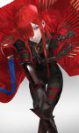  1girl armor black_bodysuit blazpu bodysuit bracer breastplate breasts cape chain collared_cape crossed_legs fate/grand_order fate_(series) greaves hair_over_one_eye highres koha-ace large_breasts long_hair looking_at_viewer oda_nobunaga_(fate) oda_nobunaga_(maou_avenger)_(fate) popped_collar red_cape red_eyes red_hair smile solo thighs very_long_hair 