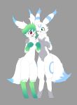  2023 3_fingers 3_toes anthro black_nose blue_body blue_eyes blue_fur blush cheek_tuft cream_(umbreon) duo eeveelution facial_tuft feet female fingers fur generation_2_pokemon generation_4_pokemon green_body green_fur grey_background grey_body grey_fur hi_res honey_(shaymin) legendary_pokemon looking_at_another male nintendo open_mouth paws pokemon pokemon_(species) pose red_eyes shaymin simple_background sky_forme_shaymin splashjc1 toes tongue tuft umbreon white_body white_fur 