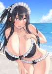  1girl ass_visible_through_thighs beach bikini black_bikini black_eyes black_hair blue_sky blush breasts cleavage cloud collarbone commentary_request day frilled_bikini frills hair_between_eyes hand_on_own_thigh highres horizon leaning_forward long_hair looking_at_viewer maid maid_bikini maid_headdress natsuishi_nana navel ocean open_mouth original outdoors sidelocks sky swimsuit unconventional_maid wavy_mouth 