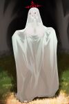  1girl absurdres alternate_costume bed_sheet black_hair blue_archive breasts covered_nipples forest ghost_costume grass hair_between_eyes halo hasumi_(blue_archive) highres huge_breasts kaba_(hama) looking_at_viewer nature outdoors red_eyes red_halo see-through_silhouette solo 