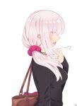  1girl bag black_shirt blush breasts commentary_request fate/grand_order fate_(series) highres jewelry kama_(fate) large_breasts long_hair long_sleeves mitsurugi_sugar necklace open_mouth profile red_eyes scrunchie shirt shoulder_bag side_ponytail sigh solo white_hair 