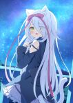  1girl animal_ears blush cat_ears cat_girl cat_tail commentary commission detached_sleeves dress hair_ribbon highres hoshizora_no_memoria long_hair looking_at_viewer looking_back mare_s._ephemeral night open_mouth outdoors ribbon skeb_commission sky solo star_(sky) starry_sky tail tyomimas variant_set white_hair yellow_eyes 