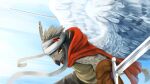  16:9 anthro avian beak bottomwear clothed clothing feathered_wings feathers green_clothing green_topwear grey_beak grey_body grey_bottomwear grey_clothing grey_feathers grey_pants hi_res holding_object holding_sword holding_weapon kuttoyaki looking_at_viewer male melee_weapon mouth_closed orange_eyes pants pupils red_cape simple_background slit_pupils solo sword topwear weapon white_wings widescreen wings 