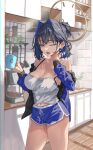  1girl absurdres archinoer blue_eyes blue_hair blue_shorts blurry blurry_background bra bra_peek breasts camisole coffee_maker_(object) cup drawstring halo highres holding holding_cup hololive hololive_english indoors kitchen large_breasts messy_hair mug one_eye_closed ouro_kronii short_hair short_shorts shorts solo standing strap_slip thighs underwear virtual_youtuber waking_up white_camisole yawning 