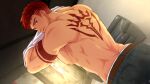  1boy arm_tattoo ass back_tattoo bara belt collaboration couch derek_kingsfield highres indoors jock_studio_(blits_games) looking_at_viewer male_focus mikkoukun muscular muscular_male nipples non-web_source official_art open_mouth pants pectorals red_hair shirt solo tattoo undressing variant_set white_shirt zamius 