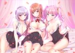  3girls :o bed_sheet black_dress blue_hair bra breasts breasts_apart cleavage closed_mouth clothes_lift collarbone curtains dress dress_lift grey_hair hair_ribbon highres large_breasts licking_lips long_hair looking_at_viewer medium_hair multicolored_hair multiple_girls mutou_kurihito no_bra official_art on_bed open_clothes open_shirt orange_hair original petals pink_hair purple_bra ribbon school_uniform side_ponytail sitting skirt skirt_lift small_breasts smile streaked_hair thighs tongue tongue_out twintails two-tone_hair underwear window 